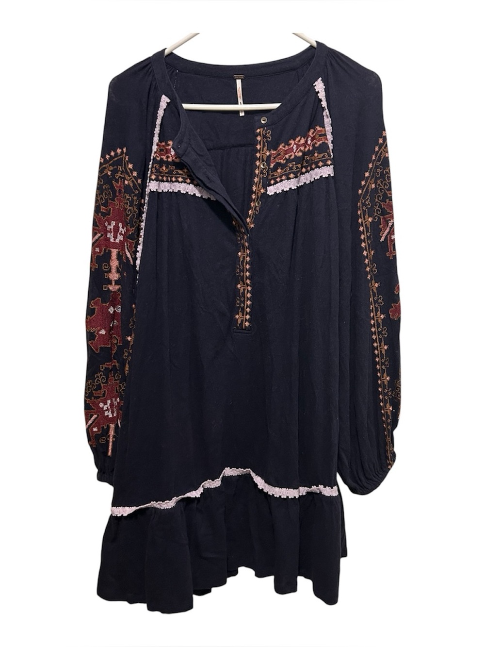 Free People Women’s Size Large Mini Tunic Embroidered Drop Waist Balloon Sleeve